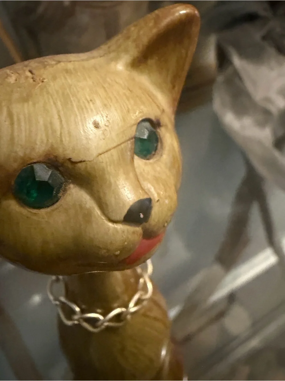 Vintage Decorative Cat Figurine w green gem eyes and necklace. Wood.